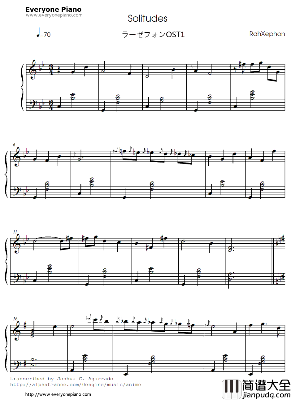 Solitudes钢琴谱_桥本一子_翼神传说OST1