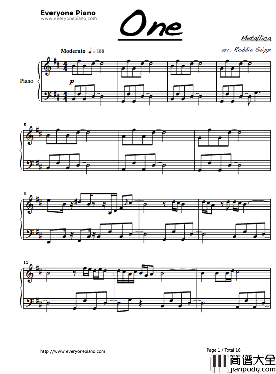 One钢琴谱_Metallica