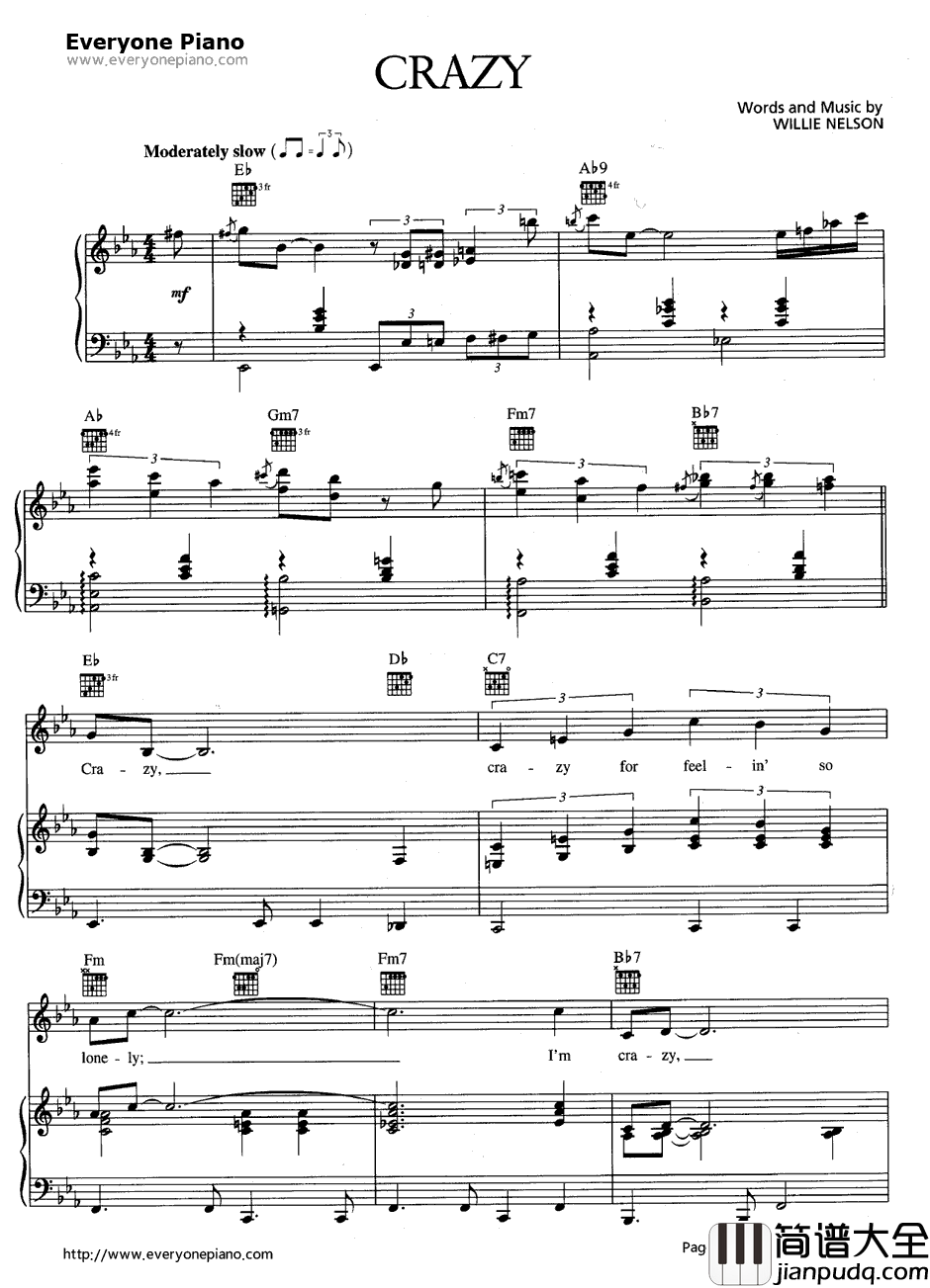 Crazy钢琴谱_PatsyCline