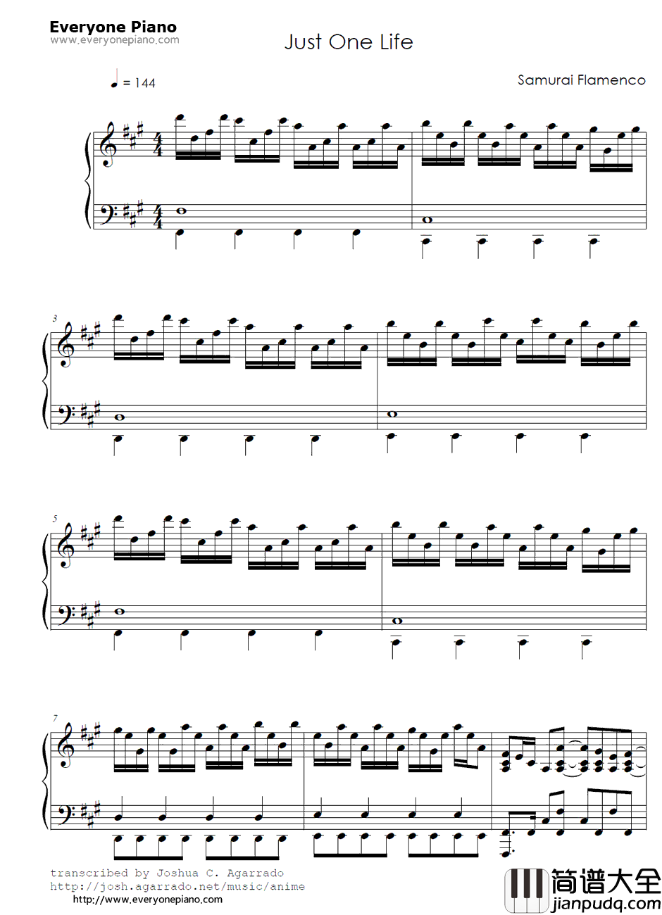 JUST_ONE_LIFE钢琴谱_Spyair_武士弗拉明戈OP1