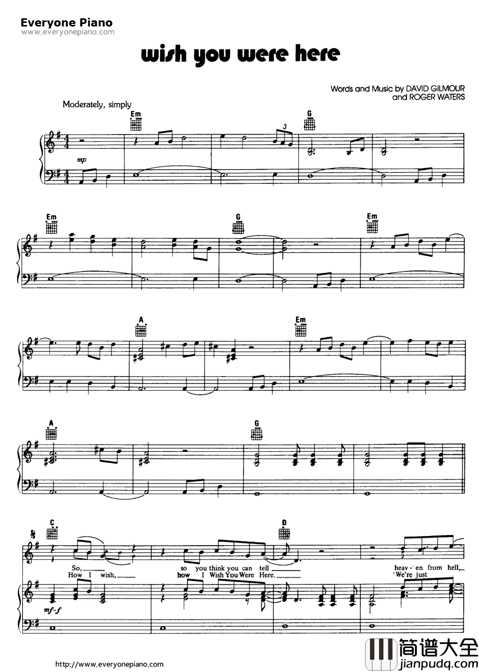 Wish_You_Were_Here钢琴谱_PinkFloyd