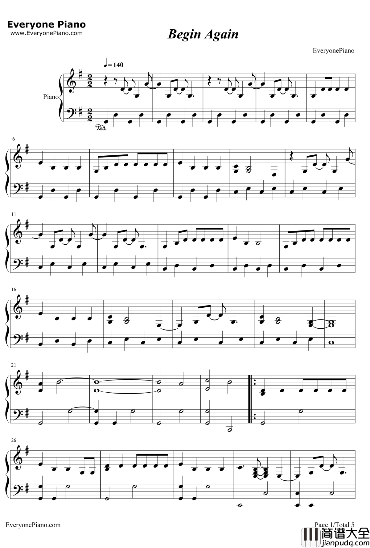 Begin_Again钢琴谱_TaylorSwift