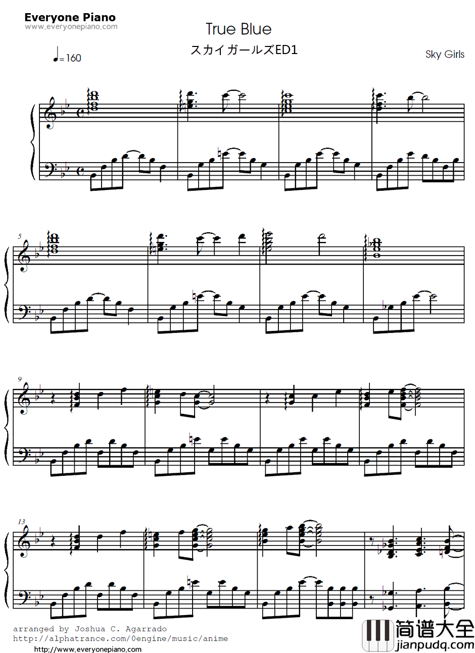 True_Blue钢琴谱_后藤沙绪里_天翔少女ED1