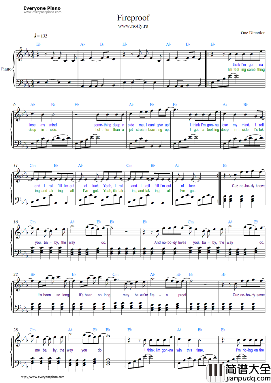 Fireproof钢琴谱_OneDirection