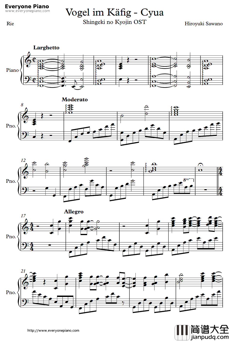 Vogel_im_Käfig钢琴谱_泽野弘之_进击的巨人OST