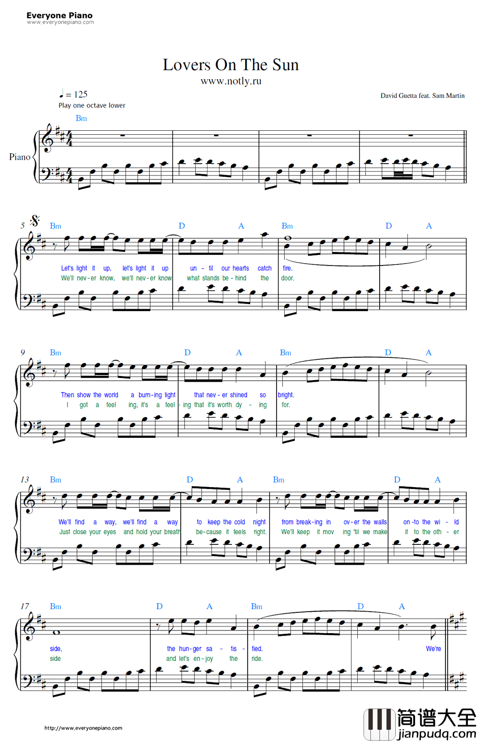 Lovers_on_the_Sun钢琴谱_DavidGuetta