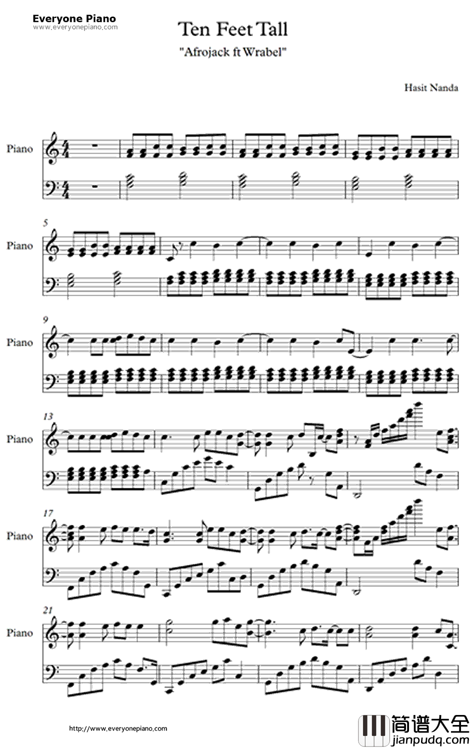 Ten_Feet_Tall钢琴谱_Afrojack