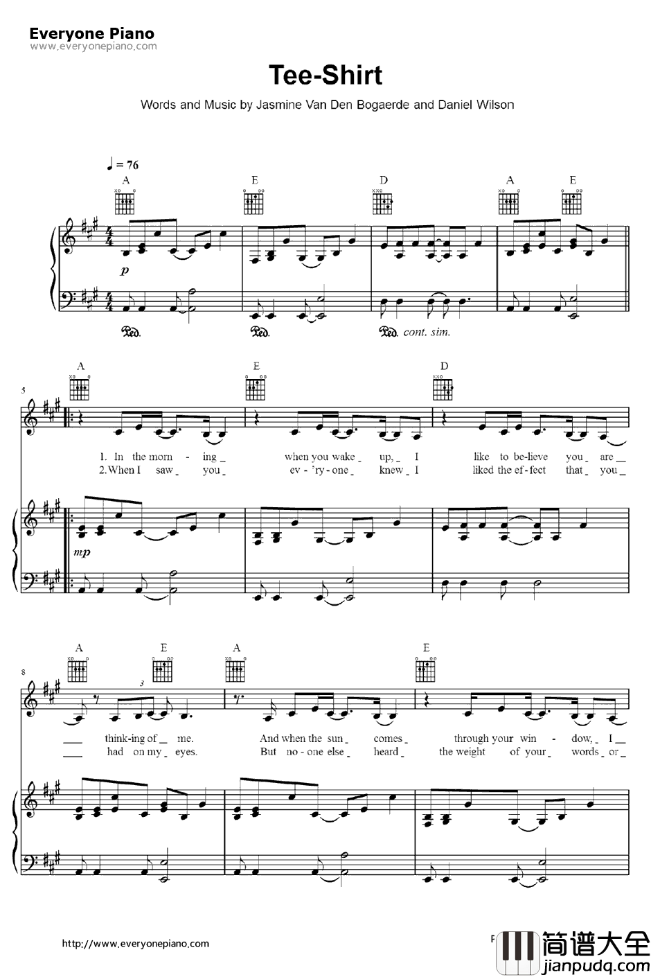 Tee_Shirt钢琴谱_Birdy_TheFaultInOurStars主题曲