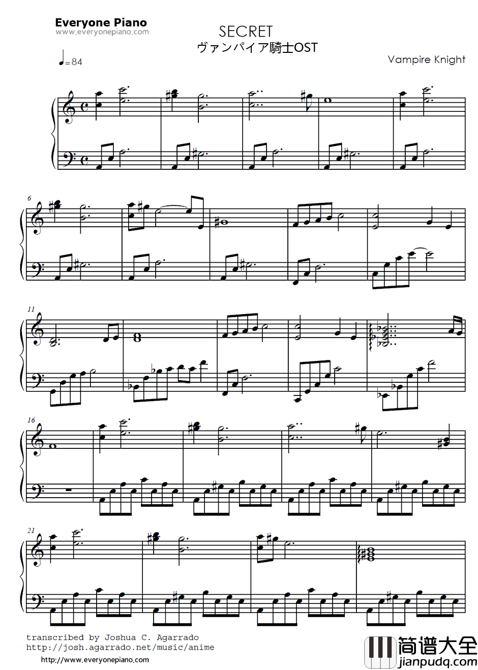 SECRET钢琴谱_羽毛田丈史_吸血鬼骑士BGM