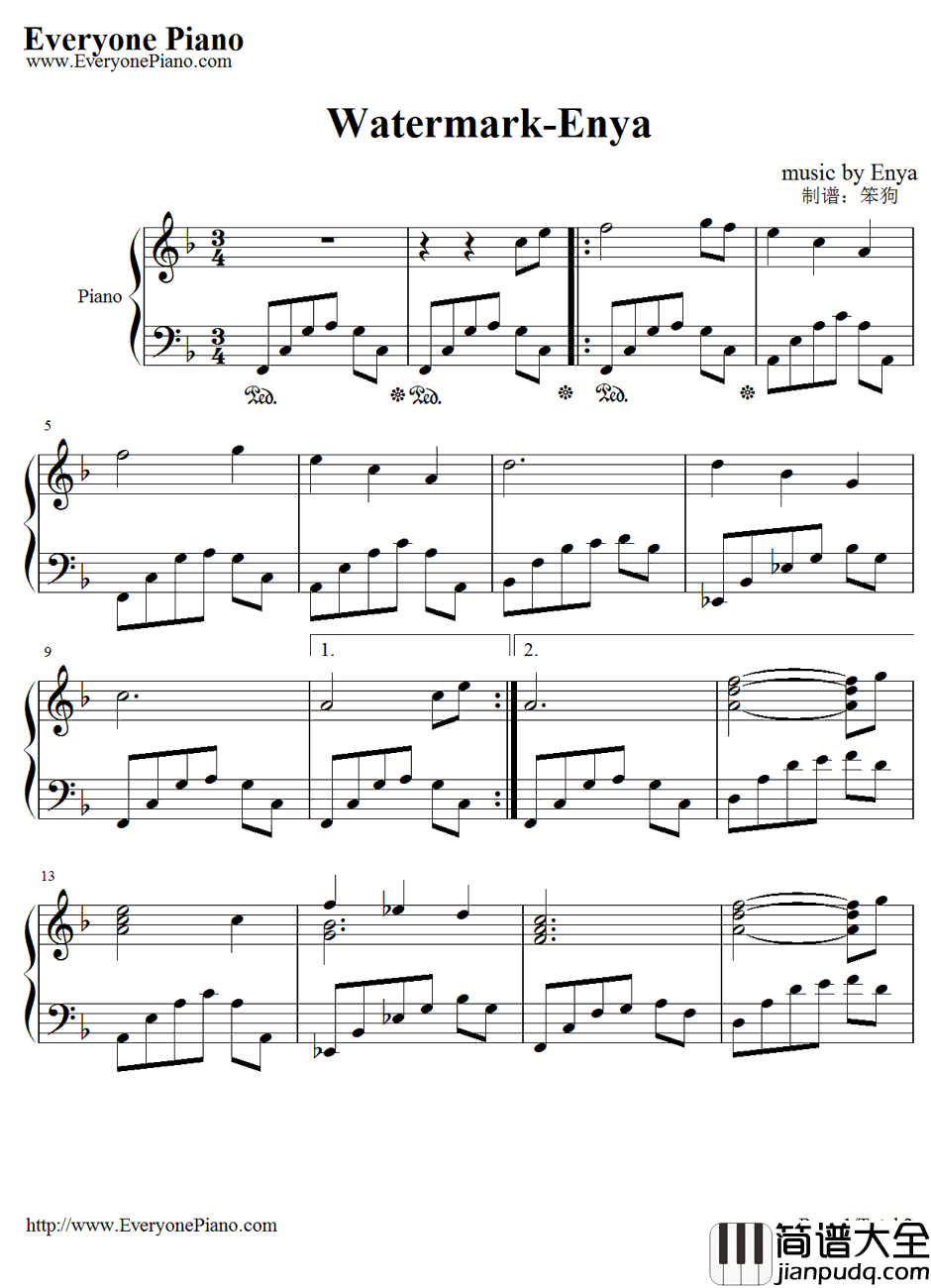 Wate_rmark钢琴谱_Enya