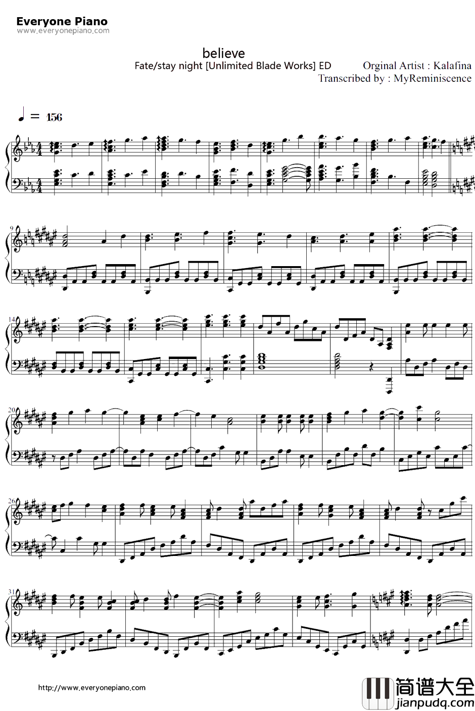 Believe钢琴谱_Kalafina_Fate/staynight第二作ED