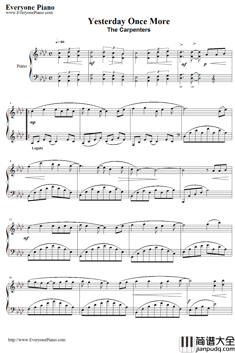 Yesterday_Once_More钢琴谱_TheCarpenters_昨日重现