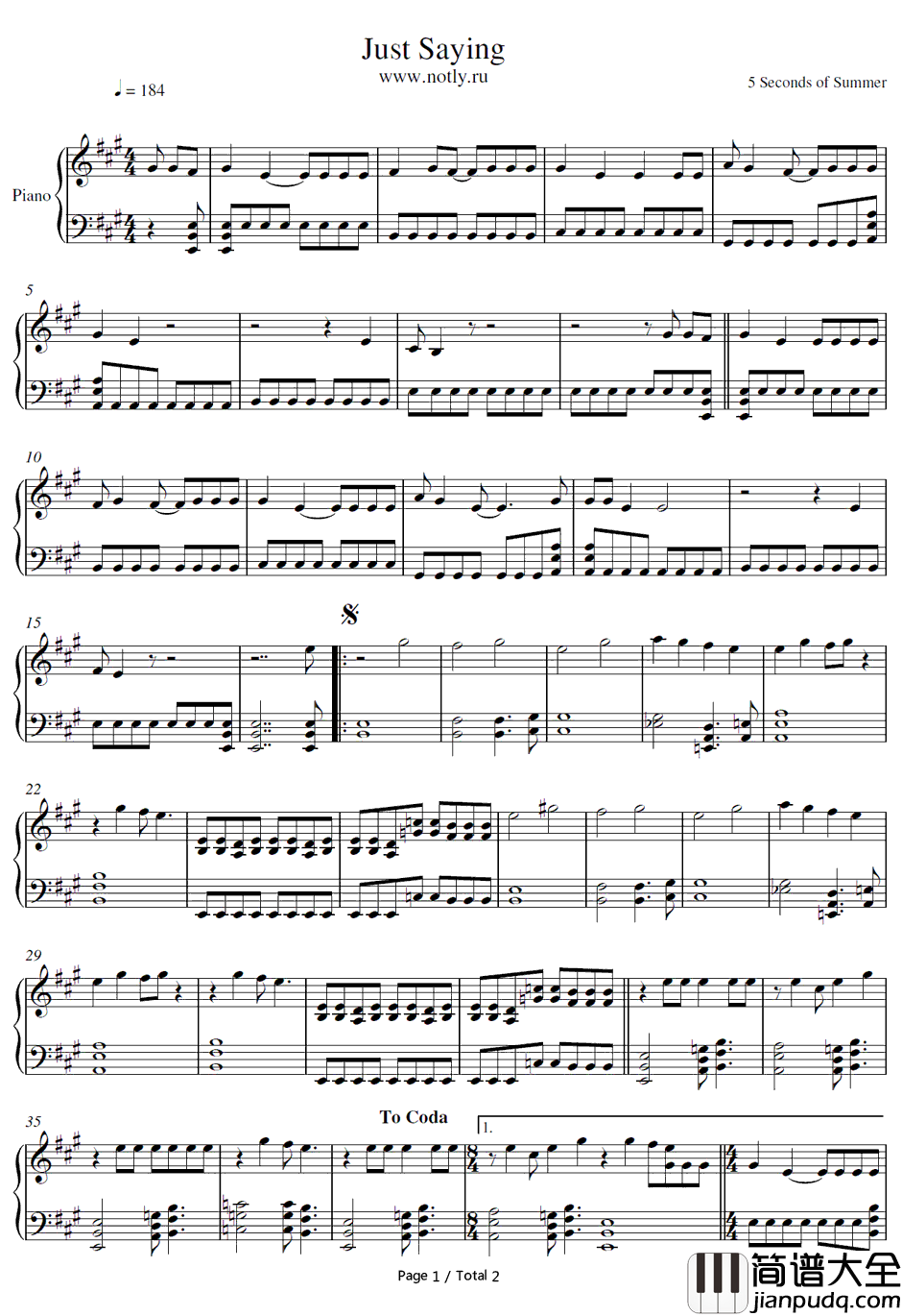 Just_Saying钢琴谱_5SecondsofSummer