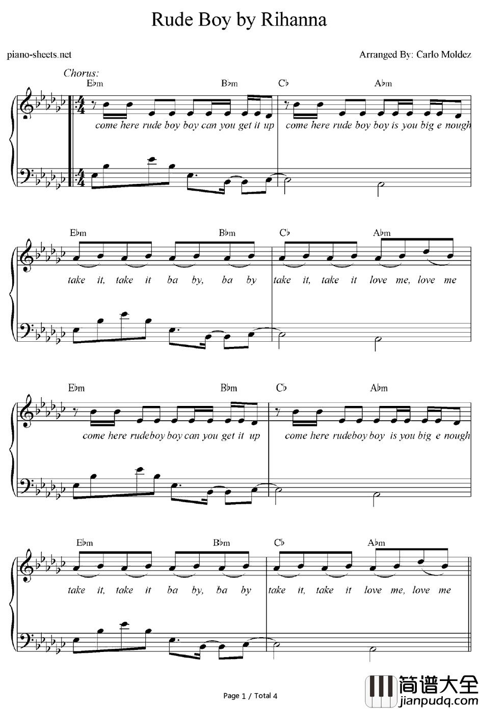 Rude_Boy钢琴谱_Rihanna