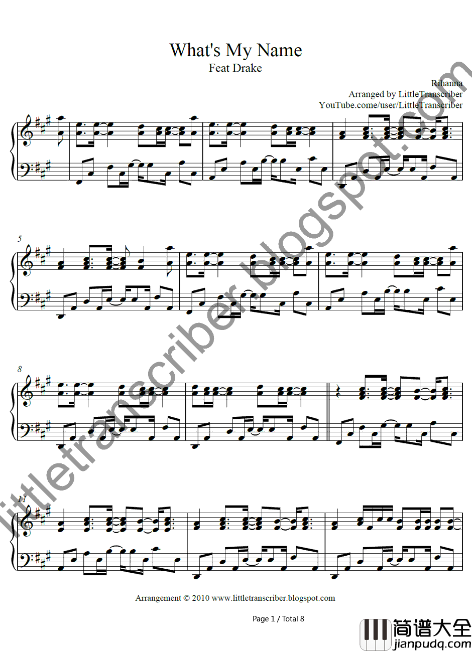 Whats_My_Name钢琴谱_Rihannaft.Drake_Rihannaft.Drake