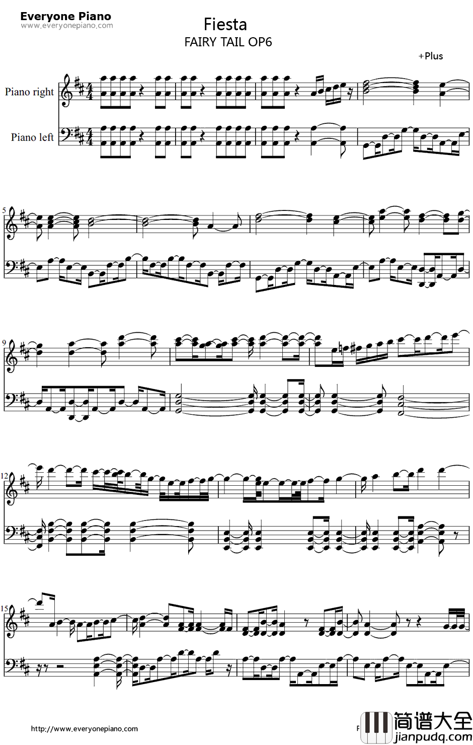 Fiesta钢琴谱_+Plus_妖精的尾巴OP6