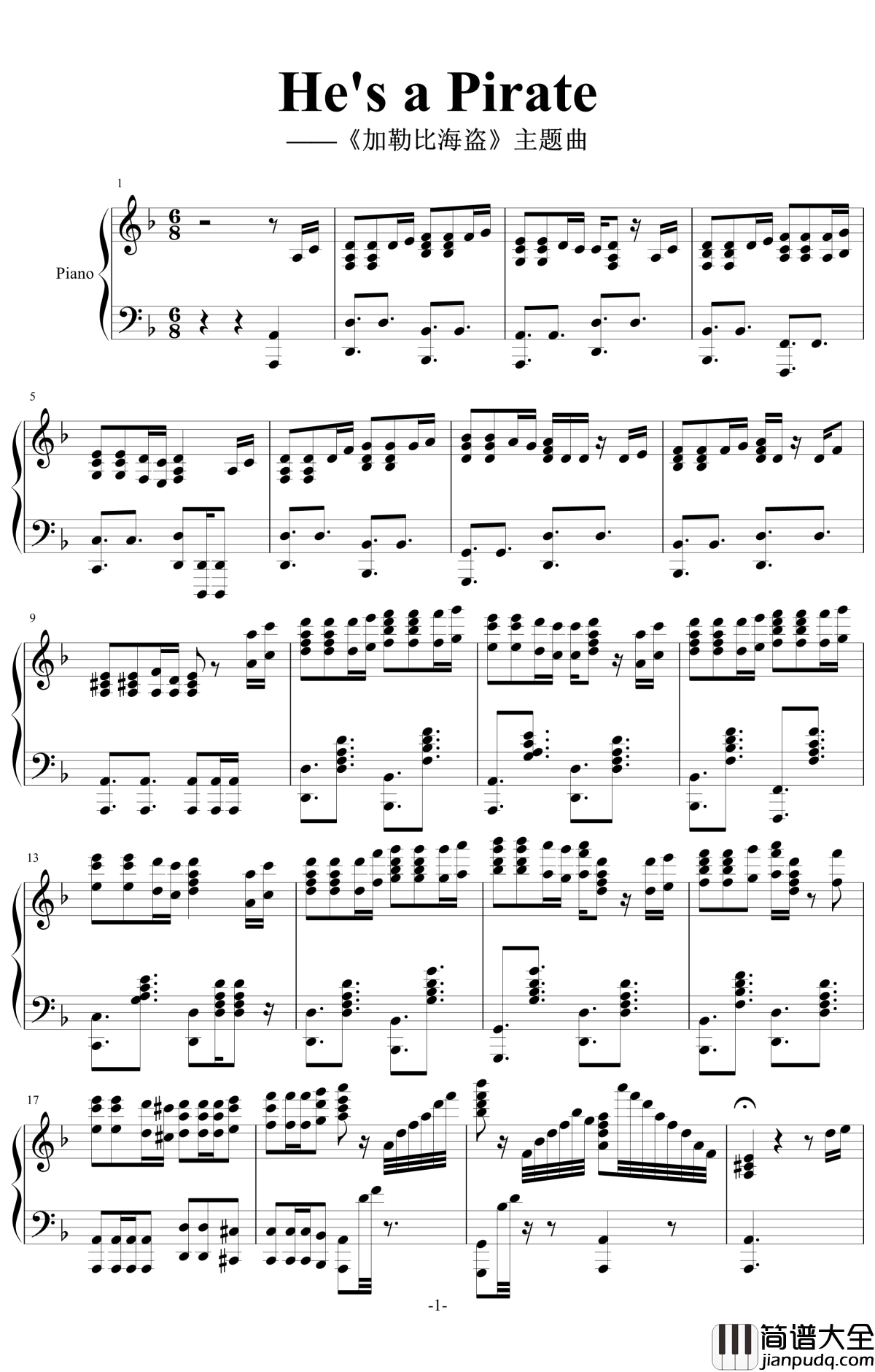 He's_a_Pirate钢琴谱__Jarrod_Radnich_电影_加勒比海盗_主题曲