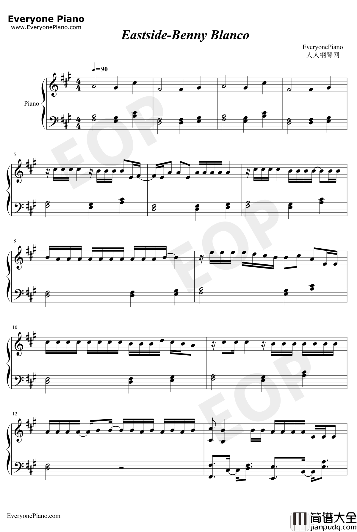 Eastside钢琴谱_Benny_Blanco_Halsey_Khalid