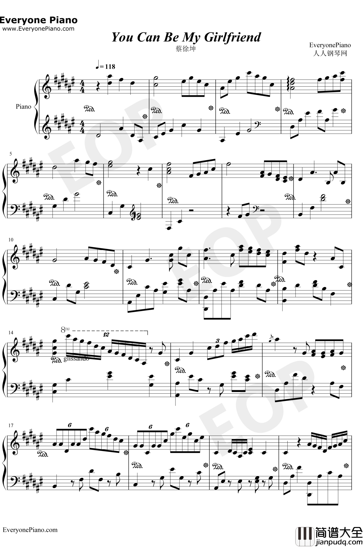 You_Can_Be_My_Girl_friend钢琴谱_蔡徐坤_歌曲动感给你不一样的感觉