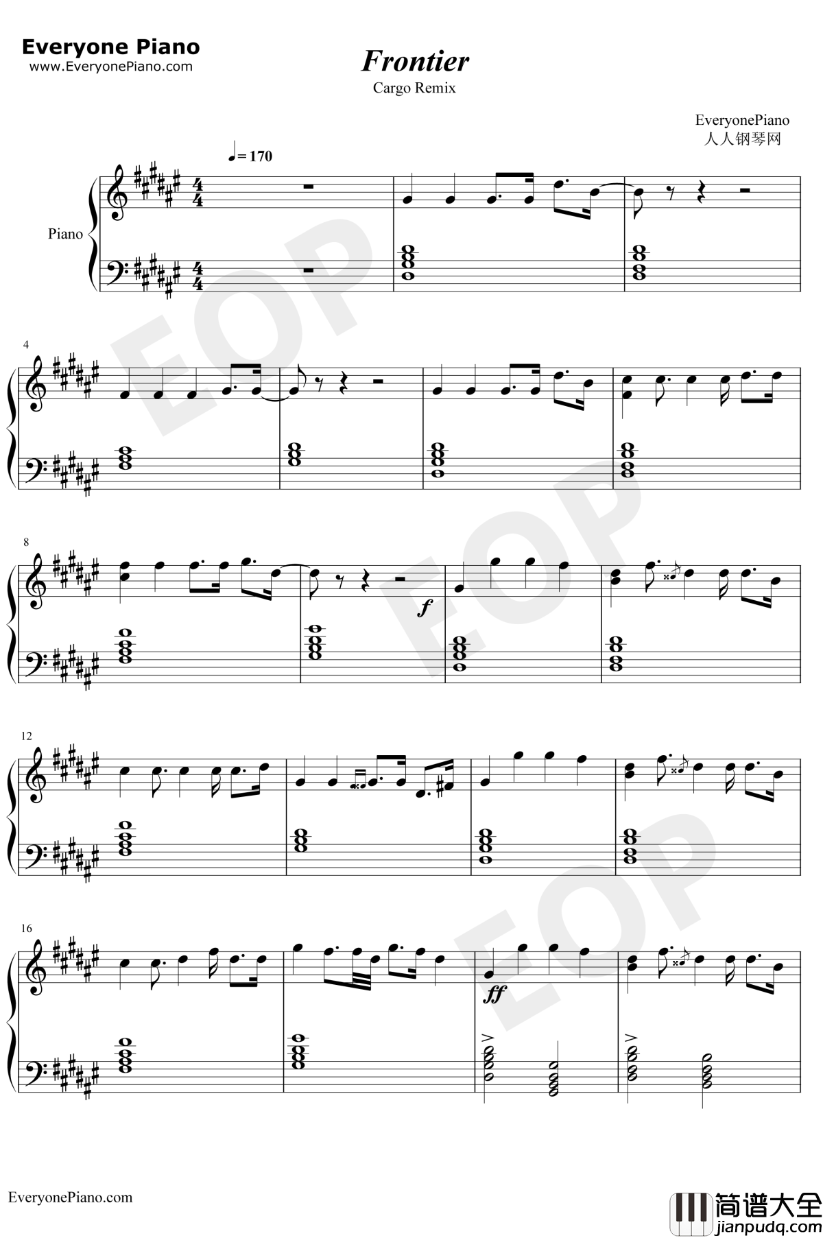 Frontier钢琴谱_Cargo_CargoRemix_清新小电_抖音热门