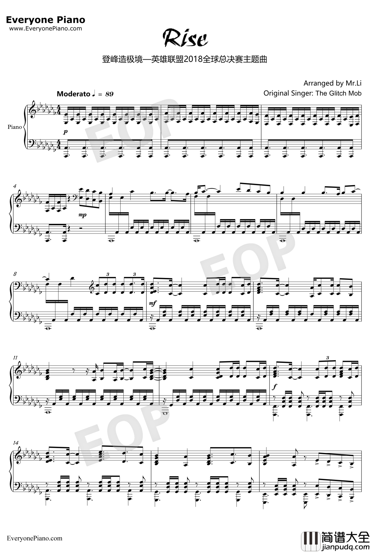 Rise钢琴谱_TheGlitchMobMakoTheWordAlive_华丽版_2018英雄联盟全球赛主题曲_Mr.Li