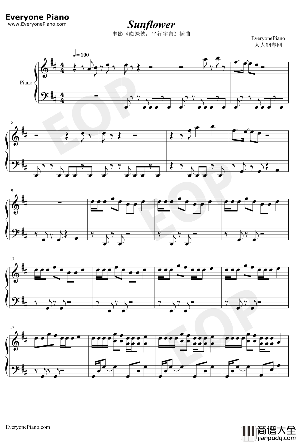 Sunflower钢琴谱_PostMaloneSwaeLee_蜘蛛侠平行宇宙插曲