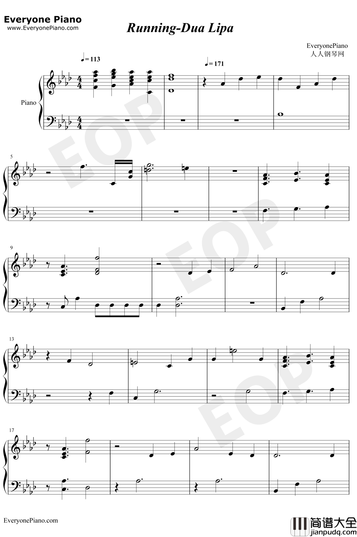 Running钢琴谱_DuaLipa