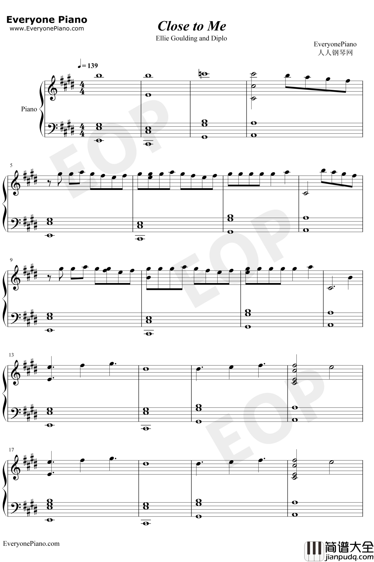 Close_to_Me钢琴谱_Ellie_Goulding_Diplo