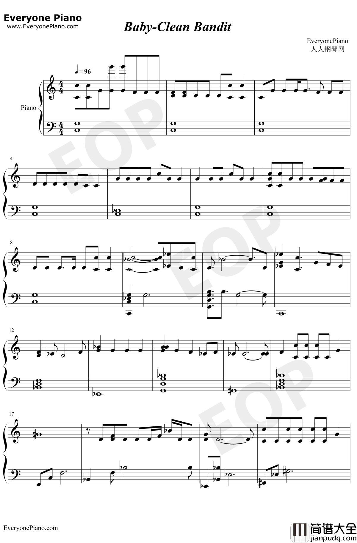 Baby钢琴谱_CleanBandit