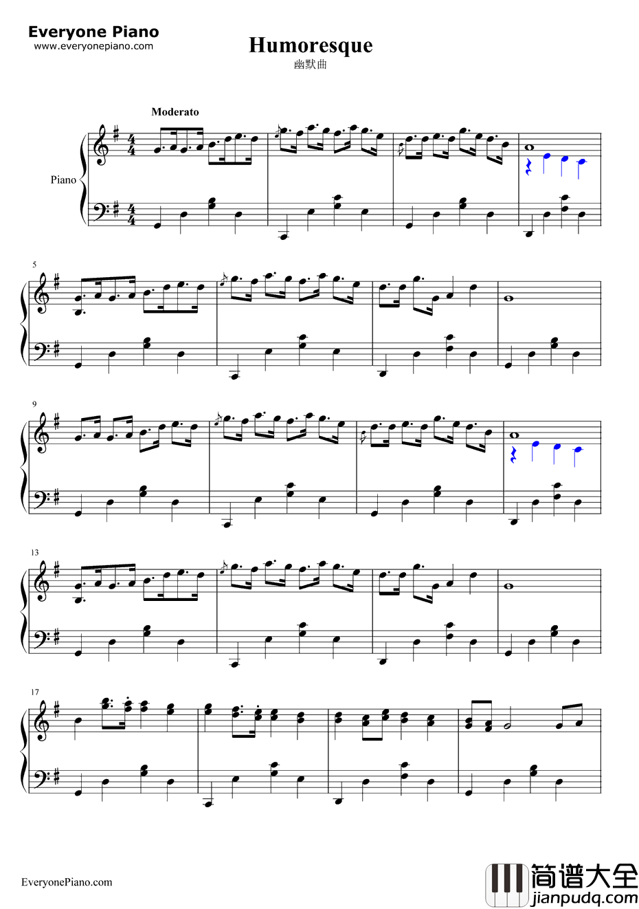 幽默曲钢琴谱_安东•德沃夏克