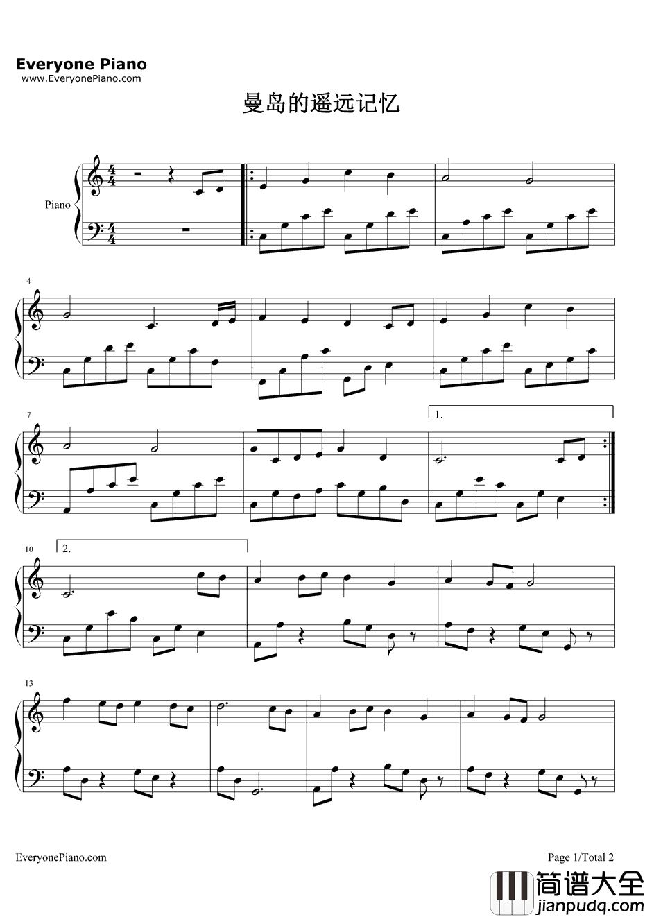 曼岛的遥远记忆钢琴谱_班得瑞