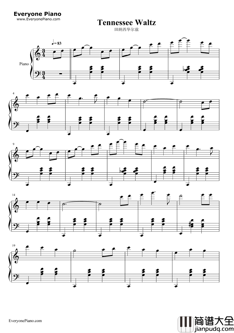 田纳西华尔兹钢琴谱_PeeWeeKing_田纳西圆舞曲
