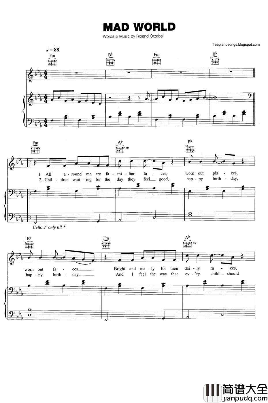 MadWorld钢琴谱_GaryJules