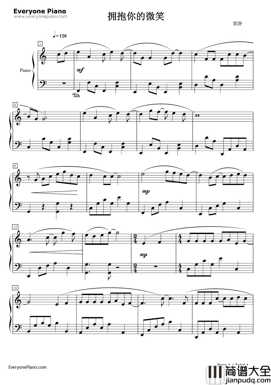 拥抱你的微笑钢琴谱_郭静_原来爱就是甜蜜OP