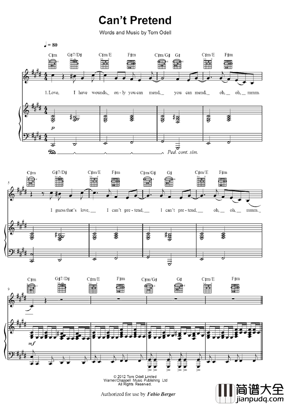 Can't_Pretend钢琴谱_TomOdell