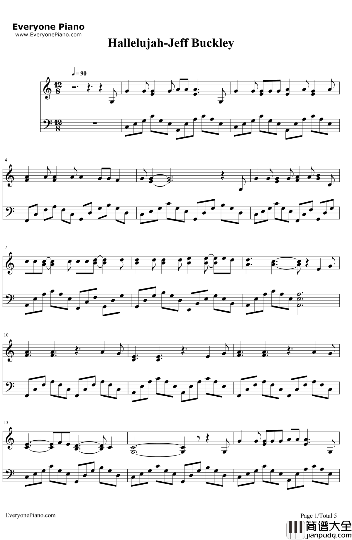 Hallelujah钢琴谱_JeffBuckleyLeonardCohen