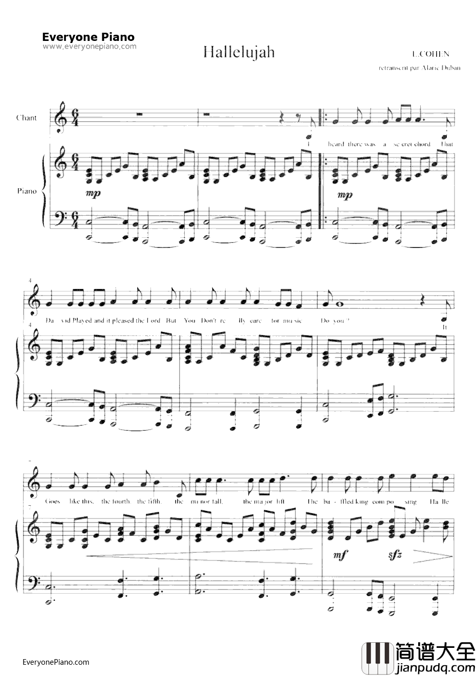 Hallelujah钢琴谱_RufusWainwright_怪物史莱克OST