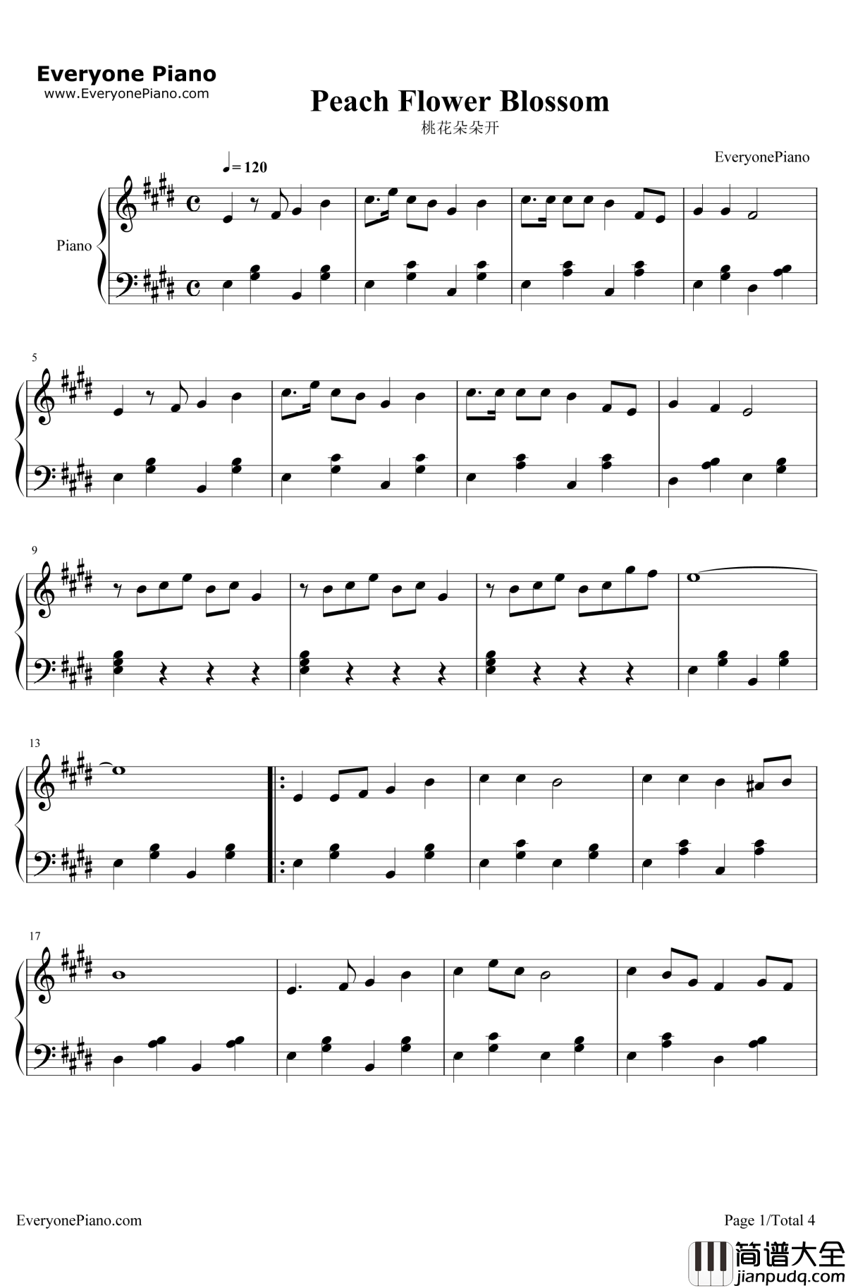桃花朵朵开钢琴谱_阿牛
