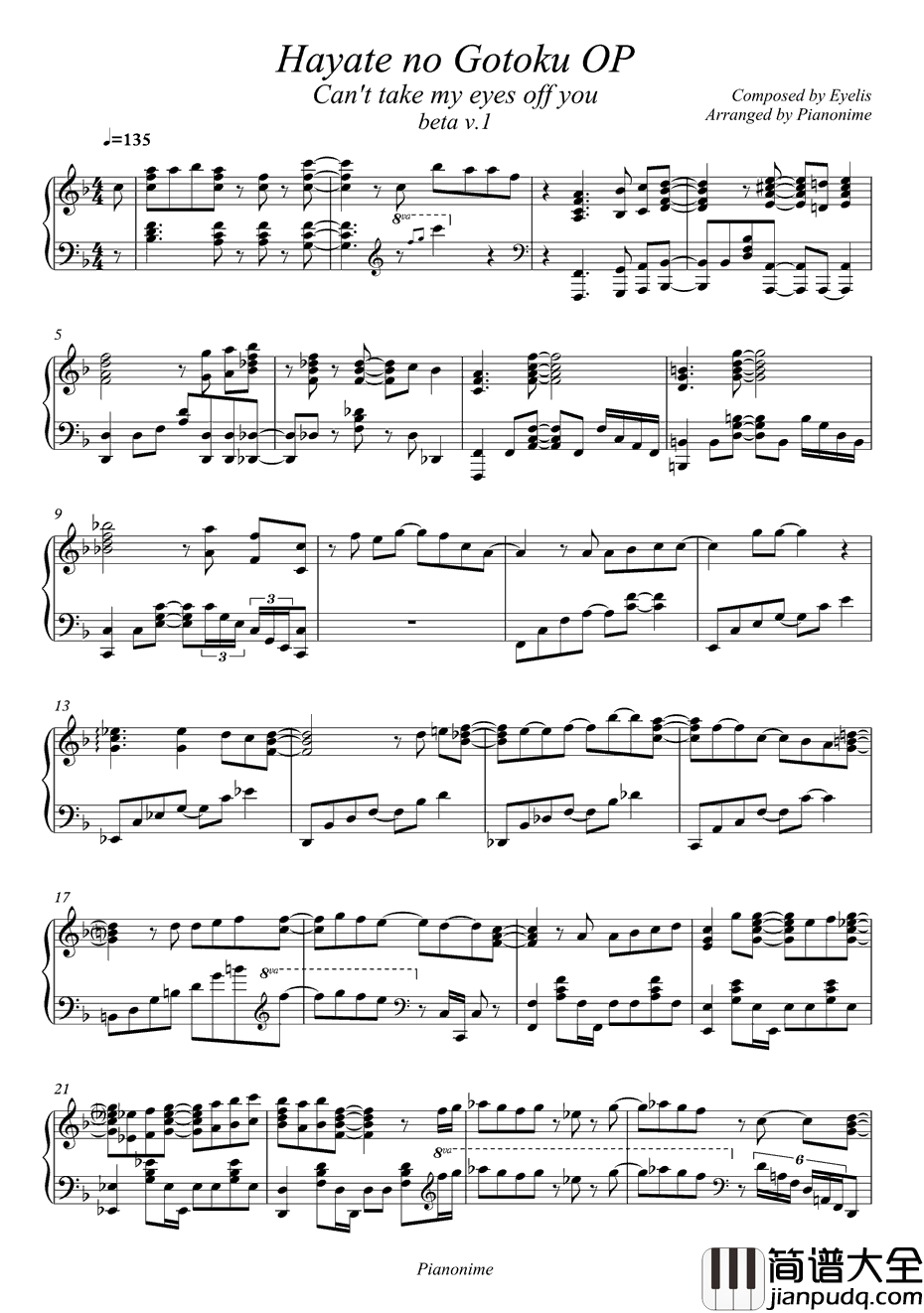 Can't_Take_My_Eyes_Off_You钢琴谱_Eyelis_旋风管家OP
