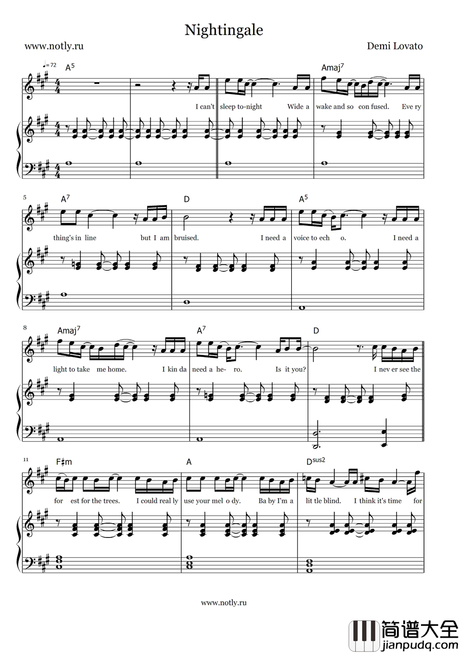 Nightingale钢琴谱_DemiLovato