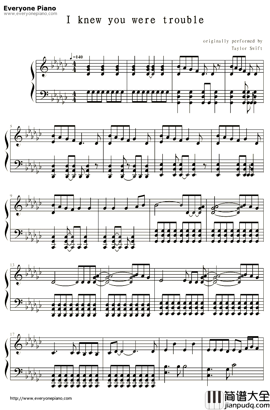 Iknewyouweretrouble钢琴谱_taylorswift