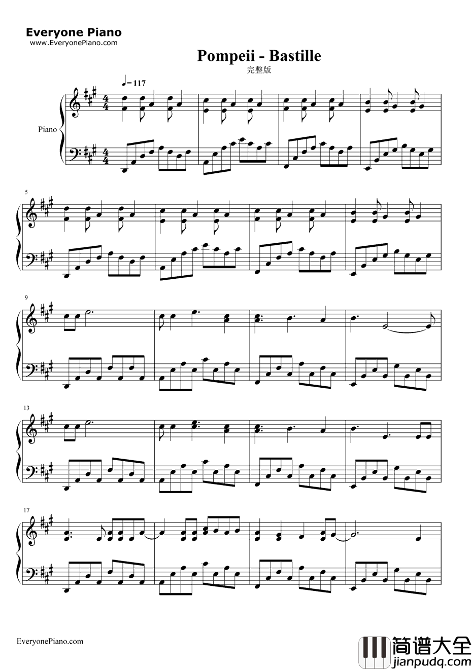Pompeii完整版钢琴谱_Bastille