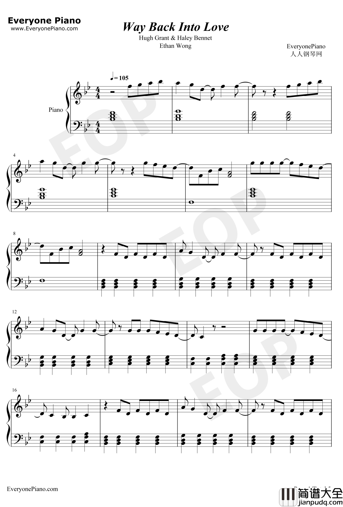 Way_Back_Into_Love钢琴谱_Haley_Bennett_Hugh_Grant_电影K歌情人插曲