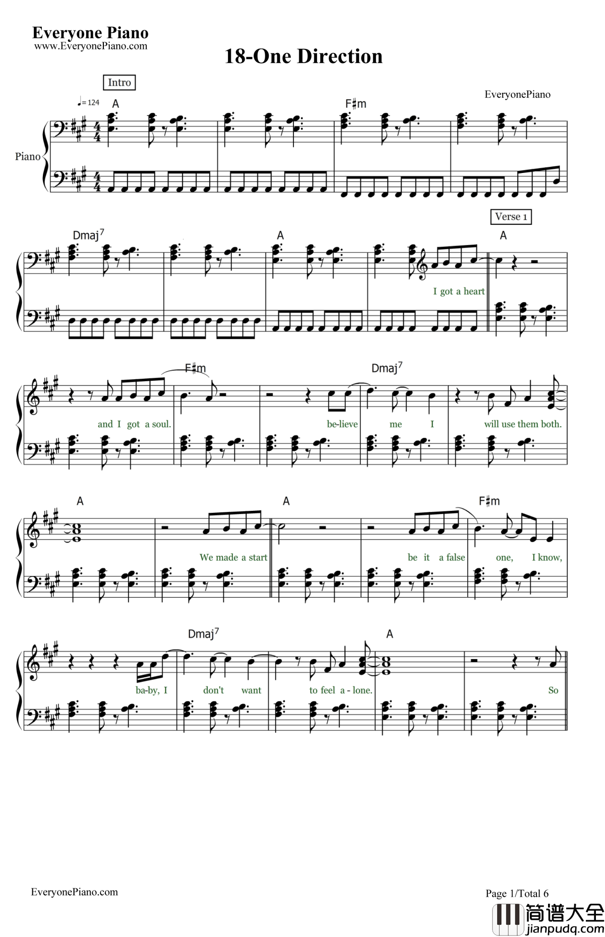 18钢琴谱_OneDirection