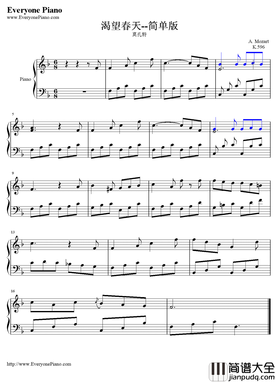 渴望春天钢琴谱_莫扎特