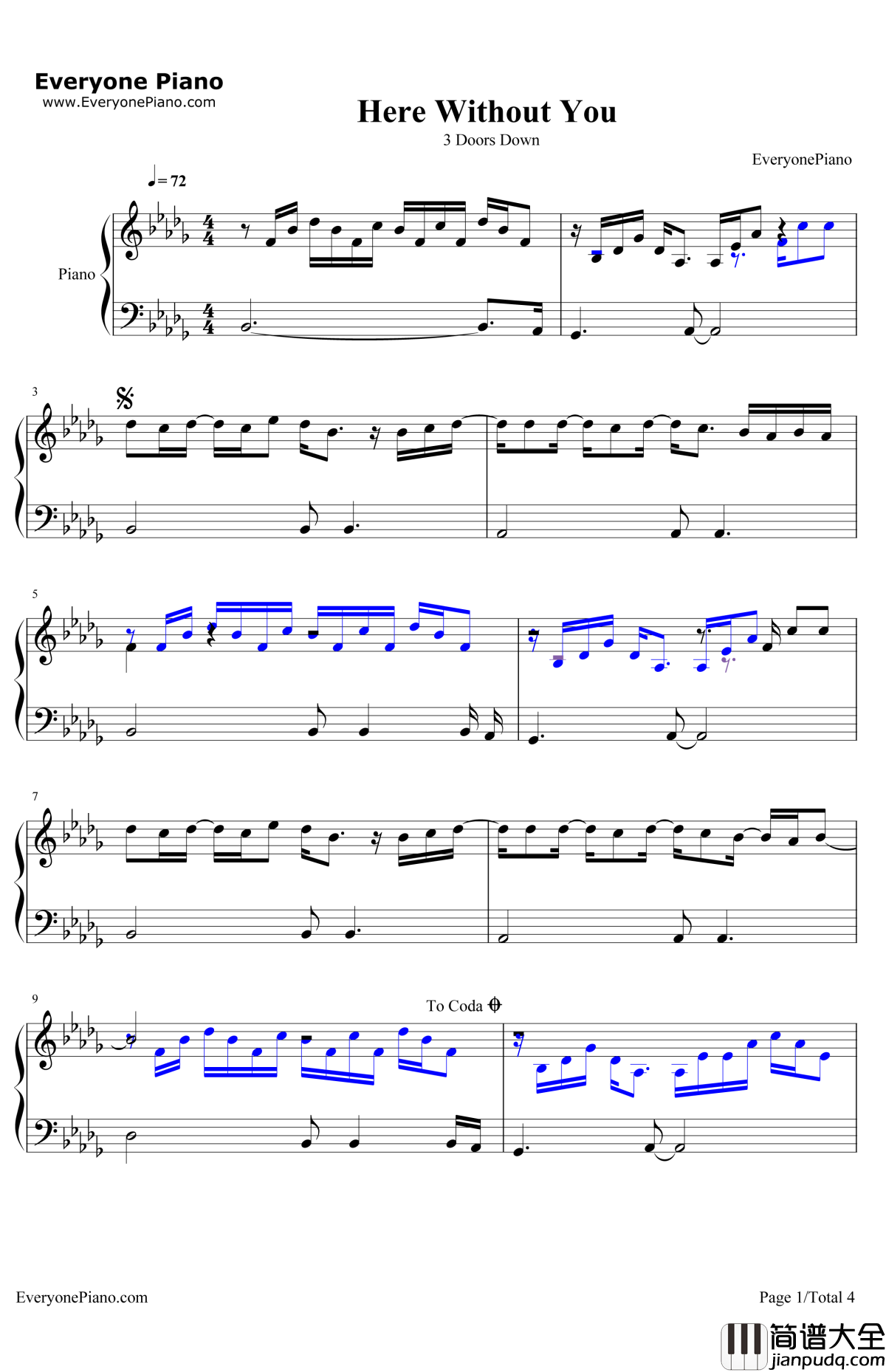 HereWithoutYou钢琴谱_3DoorsDown