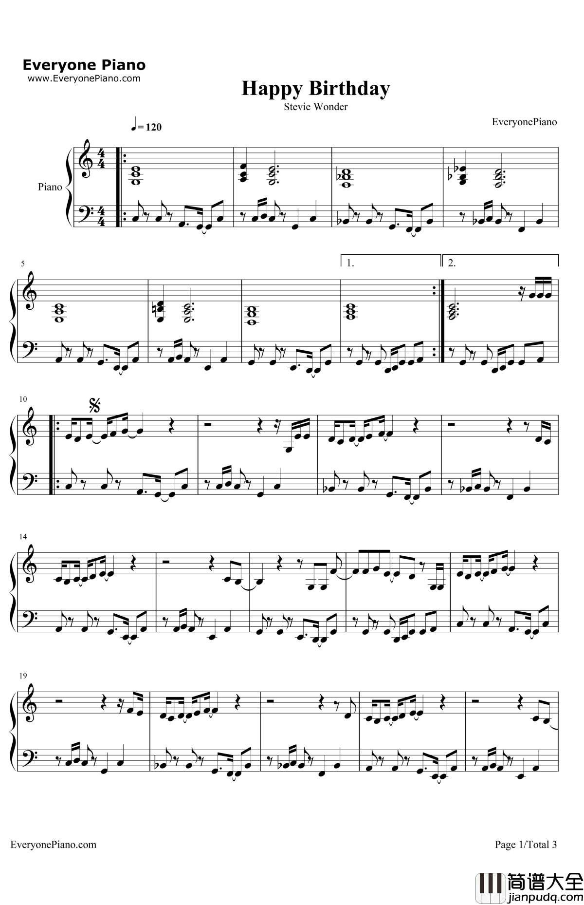 HappyBirthday钢琴谱_StevieWonder