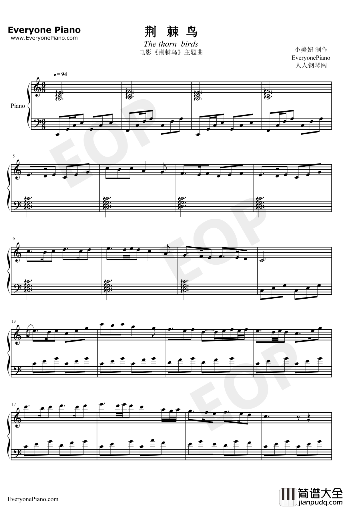 荆棘鸟主题曲钢琴谱_HenryMancini_TheThornBirds