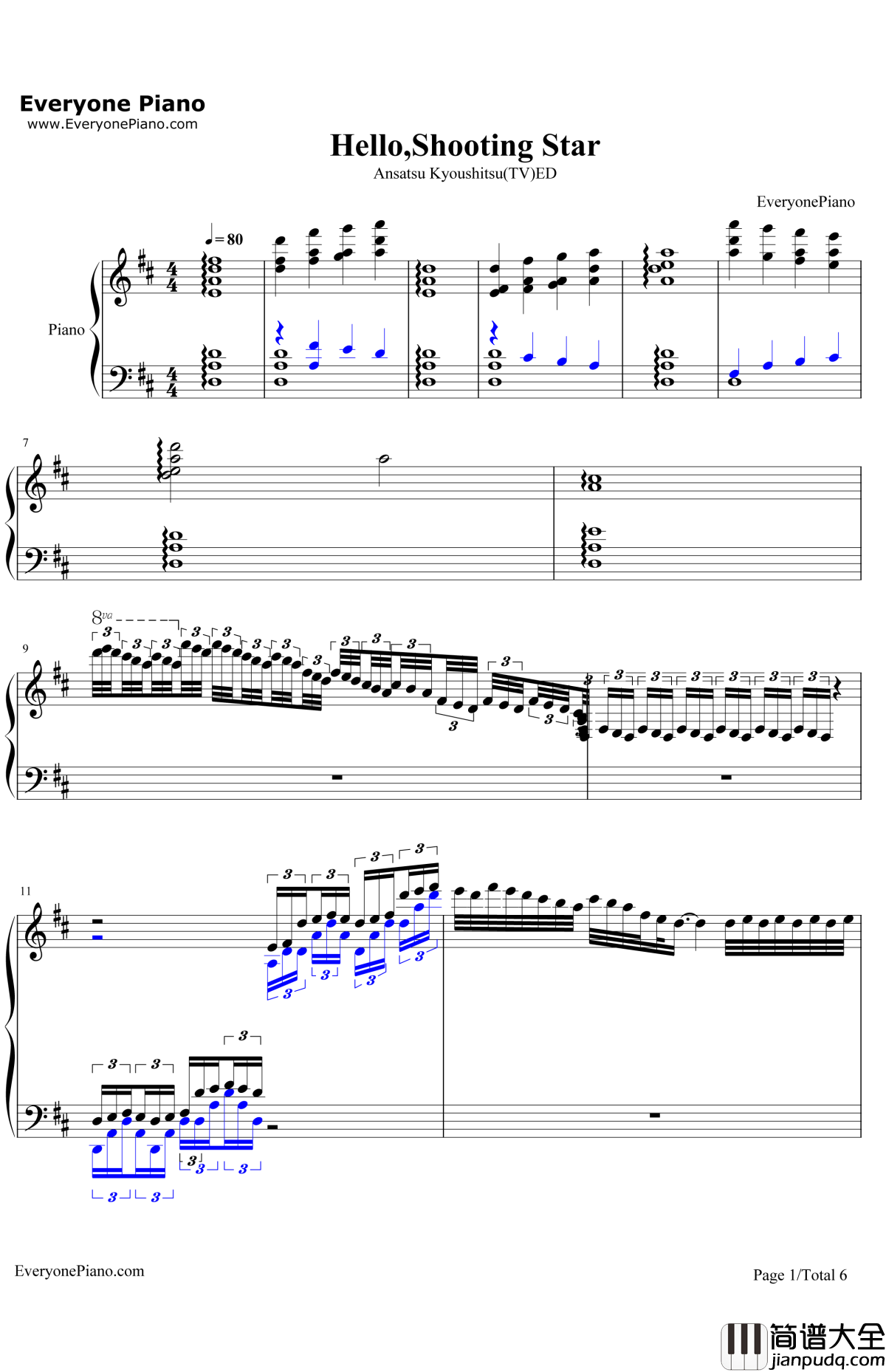 Helloshootingstar钢琴谱_Moumoon_暗杀教室ED
