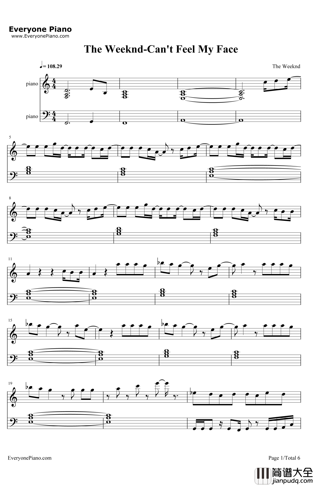 Can'tFeelMyFace钢琴谱_TheWeeknd